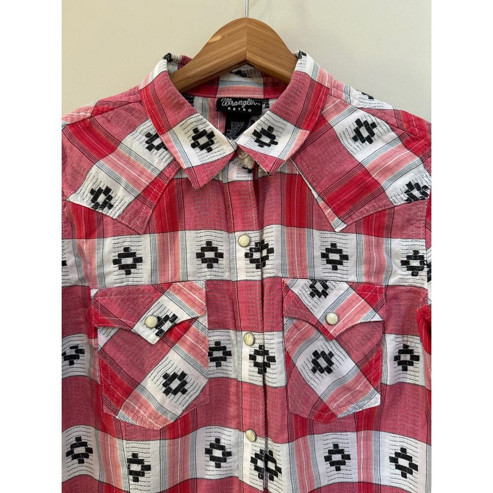 Wrangler Retro Button Up Western Shirt Pearl Snap Shirt Red Aztec Plaid Cowgirl - Picture 3 of 6